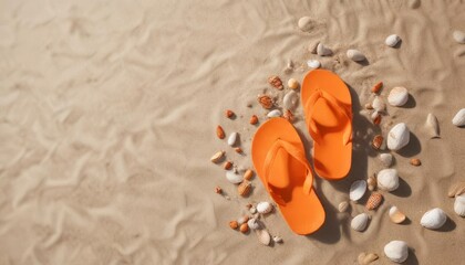 Bright orange flip flops on the sand, with a few scattered shells nearby ,  beach,  summer