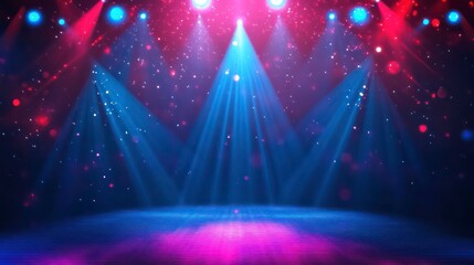 Red and blue laser light for concert background. Dance party event with lazer circle design for dj. Night strobe performance with sparkle and steam. Realistic nightlife bg. Vibrant virtual technology