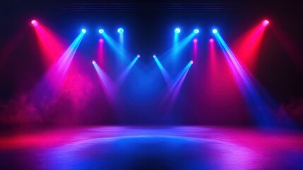 Red and blue laser light for concert background. Dance party event with lazer circle design for dj. Night strobe performance with sparkle and steam. Realistic nightlife bg. Vibrant virtual technology