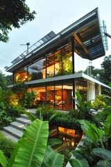 A futuristic eco-house, seamlessly blending modern architecture with nature. Solar panels, large glass windows maximize sustainability, while lush gardens and water recycling systems create an oasis.