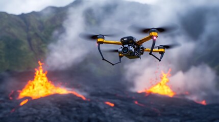 Naklejka premium A drone captures volcanic activity and lava flow in a dramatic landscape.