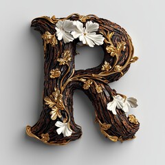Elegant Wooden Letter R with Gold and Floral Accents