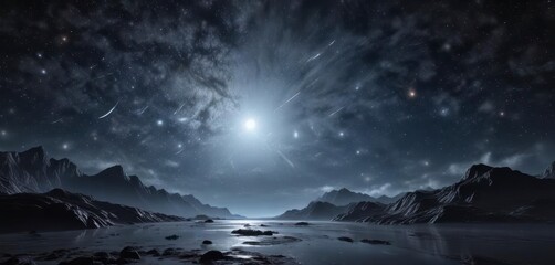 Fototapeta premium Celestial canvas with twinkling stars and silvery moonlit glow, twilight, galaxy