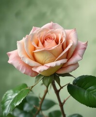 Close-up of single watercolor rose on green leaf,  stem,  garden