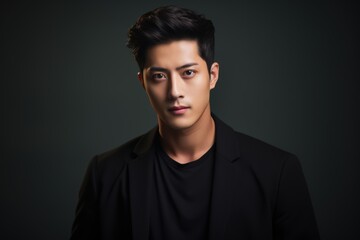 Fototapeta premium A man in a black suit and jacket is standing in front of a dark background
