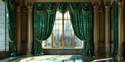 Fototapeta premium Luxurious emerald green brocade curtains, richly detailed with bold floral patterns, drape elegantly around a large window in a vintage, opulent setting, exuding timeless richness.