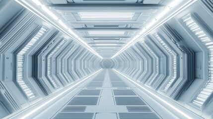 Obraz premium Enigmatic Silent Corridor in Space Station with Linear Lights | Cinematic Ultra-Detailed Sci-Fi Image