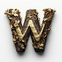 Elegant Wooden Letter W with Gold and Floral Accents