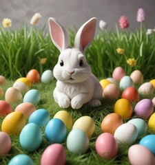 Cute paper cut rabbit surrounded by colorful eggs and grass ,  Whimsical,  Eggs,  Spring