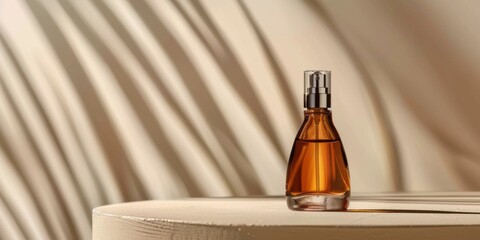 A minimalist amber cosmetic bottle with a refined silver top sits elegantly on a smooth beige surface, bathed in soft, natural light, creating a sophisticated commercial aesthetic.