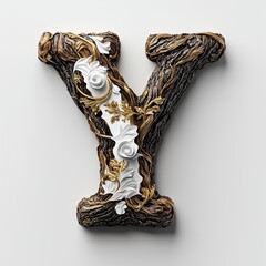 Elegant Wooden Letter Y with Gold and Floral Accents