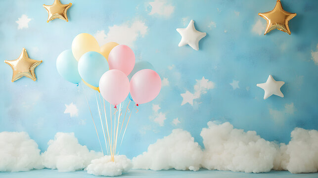 First birthday celebration, photography background with balloons, stars and fluffy clouds on blue wall