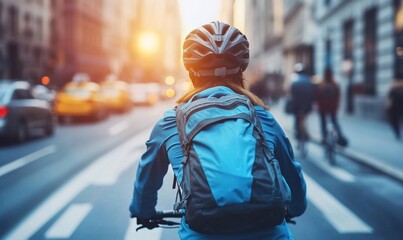 Woman cycling city street commute sunset
