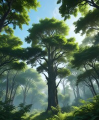 Dense foliage of towering trees against a soft blue sky with silhouetted wildlife amidst leafy greenery ,  forest,  animals