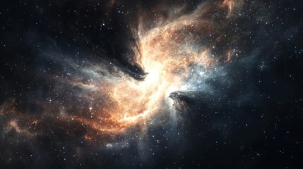 Interstellar Wanderer: Black Celestial Form Drifting Before Swirling Nebula's Cosmic Glow