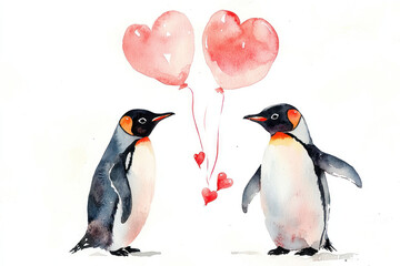 Naklejka premium A Cheerful penguins holding heart balloons, expressing love and joy