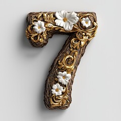 Fototapeta premium Elegant Wooden Number Seven with Gold and Floral Accents