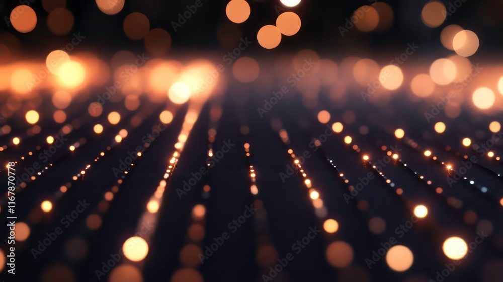 Poster abstract dark background with glowing orange bokeh lights, creating lines and depth.