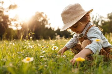 Child gathers flowers in a sunlit meadow during a warm afternoon in springtime