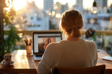 Sunset work session revealing a quiet moment of inspiration over a laptop at a cozy workspace