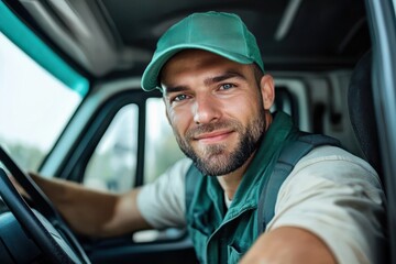 Smiling driver in a green cap enjoys a sunny day behind the wheel of a truck in a rural setting