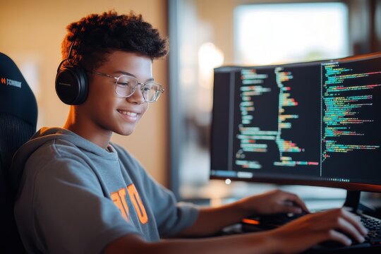 Young programmer joyfully coding in a modern workspace while wearing headphones on a bright afternoon