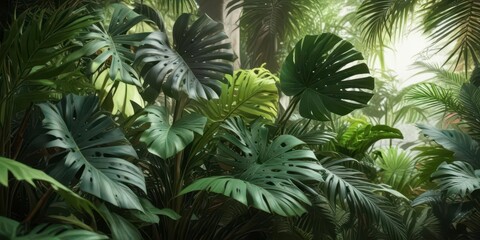 Exotic Monstera palm plants with lush greenery and colorful leaves, exotic, tropical, plants