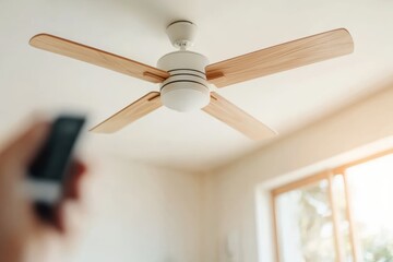 Modern ceiling fan in a cozy room controlled by a remote with natural light streaming through the window
