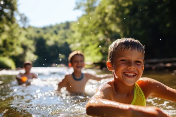 Joyful children splashing in a sunlit river on a warm summer day