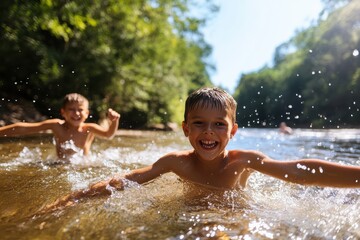 Fototapeta premium Joyful boys swimming in a sunlit river during a warm summer day filled with laughter and playful splashes