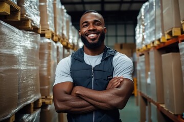 Fototapeta premium Smiling warehouse worker stands confidently among stacked boxes in a bustling storage facility late in the afternoon