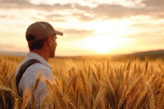 Golden rays of sunset illuminate a wheat field as a farmer reflects on the day in a serene moment of tranquility