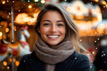 Smiling young woman in winter attire enjoys festive market ambiance with twinkling lights and...