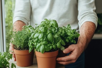 Caring for fresh herbs in cozy kitchen space during afternoon light