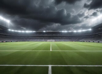 Football field illuminated by bright stadium lights under grey clouds,  lights,  sports