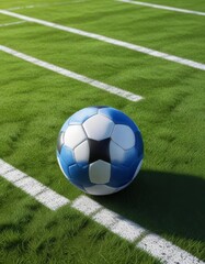 Obraz premium Football ball in blue filet with football field green background, green , football field