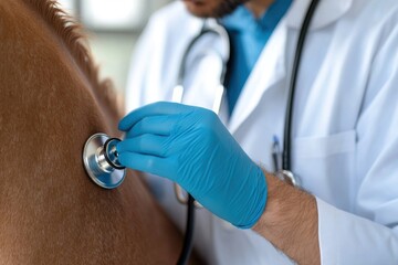 Caring veterinarian examines horse health with stethoscope in a tranquil equine facility during daylight hours