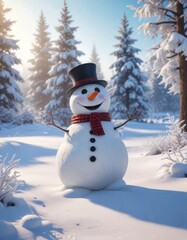 Fototapeta premium Frosty landscape with happy snowman in winter wonderland, frozen world, winter magic