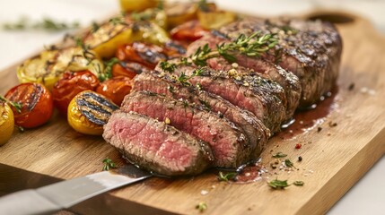 Sliced grilled steak with a knife and roasted vegetables on wooden board showcasing delicious gourmet meal presentation.