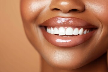 Obraz premium Vibrant smile radiates joy and confidence in warm tones during a cheerful moment