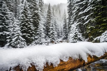 Winter wonderland captured in a snowy forest landscape with mist rising gently among evergreen trees