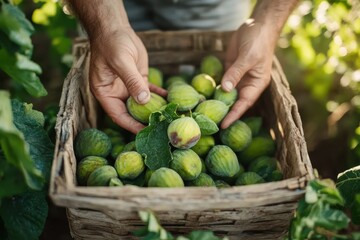 Hands gently harvesting fresh figs in a rustic basket under warm sunlight in a vibrant orchard