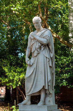 London, UK - August 1, 2018: Illustrative Editorial Photograph of William Huskisson Memorial, Historic Marble Statue Commemorating Britain's First Railway Accident Victim