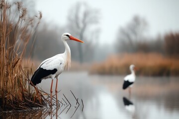 Obraz premium Elegant storks stand gracefully by the serene waters during a misty morning in early spring