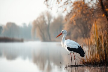 Serene stork by the tranquil river at dawn, surrounded by autumn's golden embrace © LifeMedia