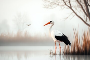 Obraz premium Elegant stork stands gracefully by the serene water at dawn in a misty wetland landscape