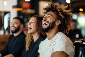 Fototapeta premium Laughter fills the air as friends enjoy a lively evening at a cozy cafe in a vibrant urban setting