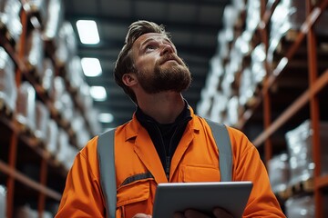 Warehouse manager assesses inventory with a tablet in a bustling industrial setting during late afternoon hours