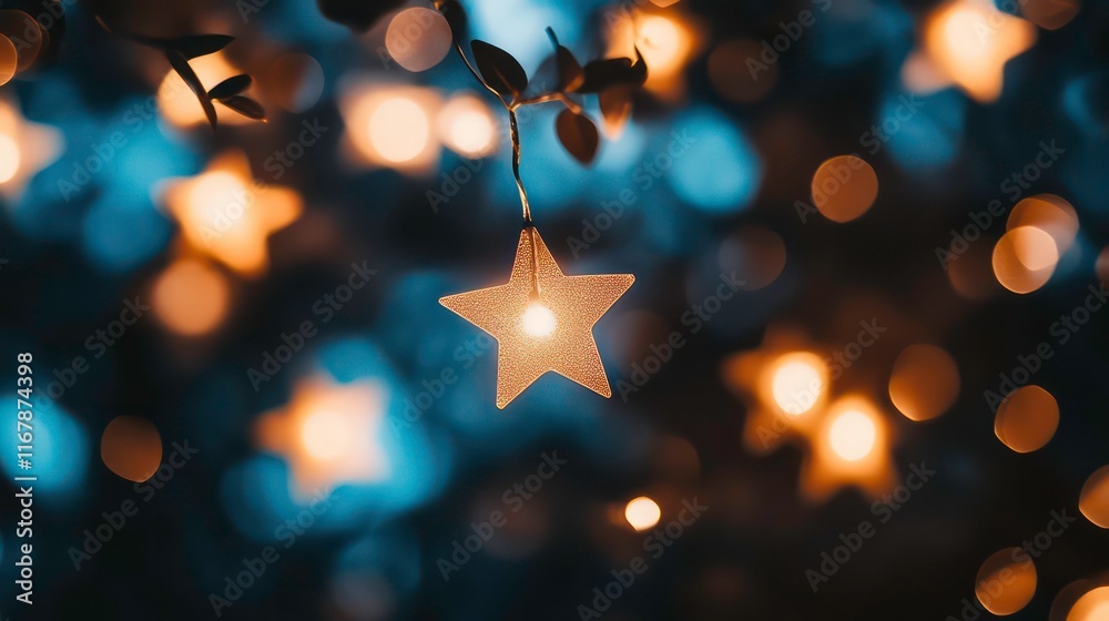 Wall mural stars casting sharp shadows on a flat, blue bokeh design.