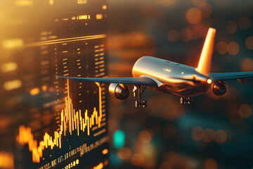A commercial airplane approaches the runway, with a vibrant skyline and a stock market graph illuminated in the background.